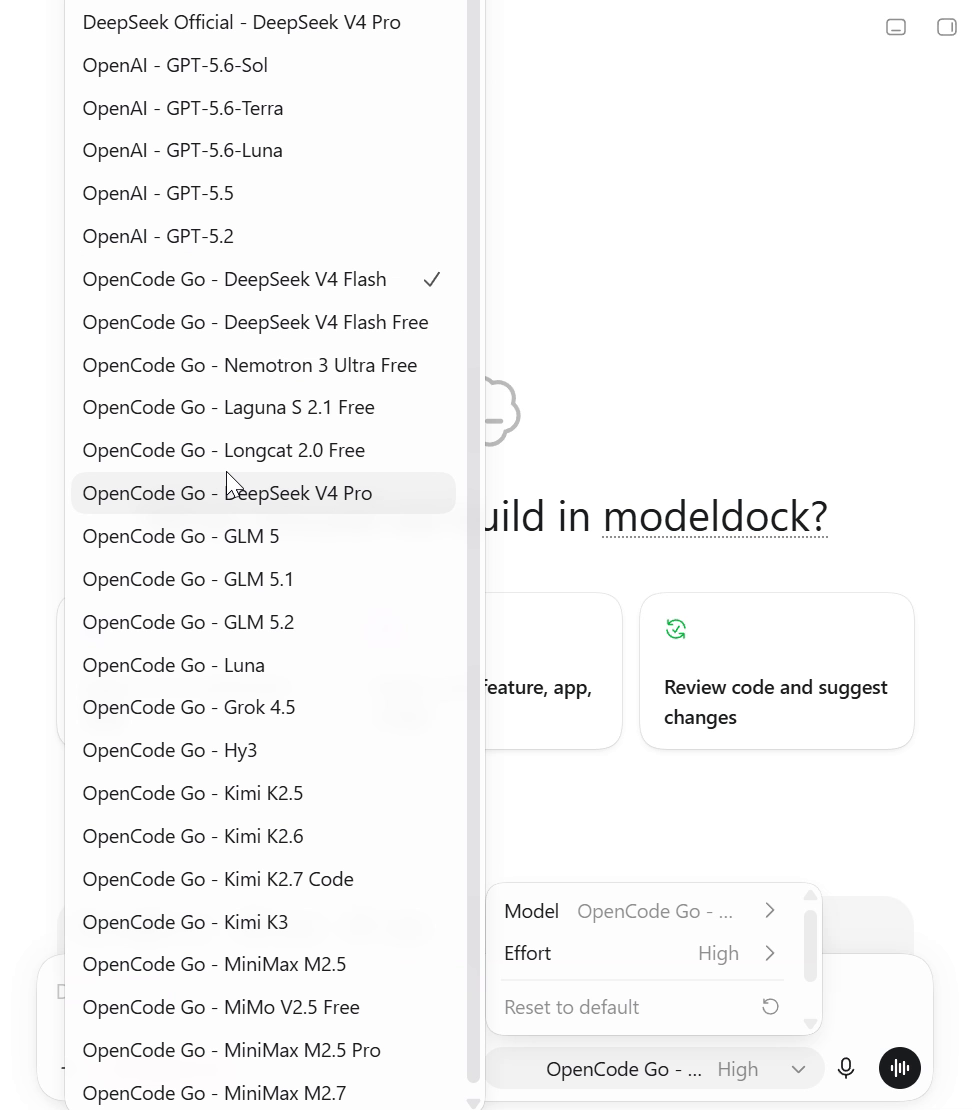 Model picker showing native and additional routes in Codex