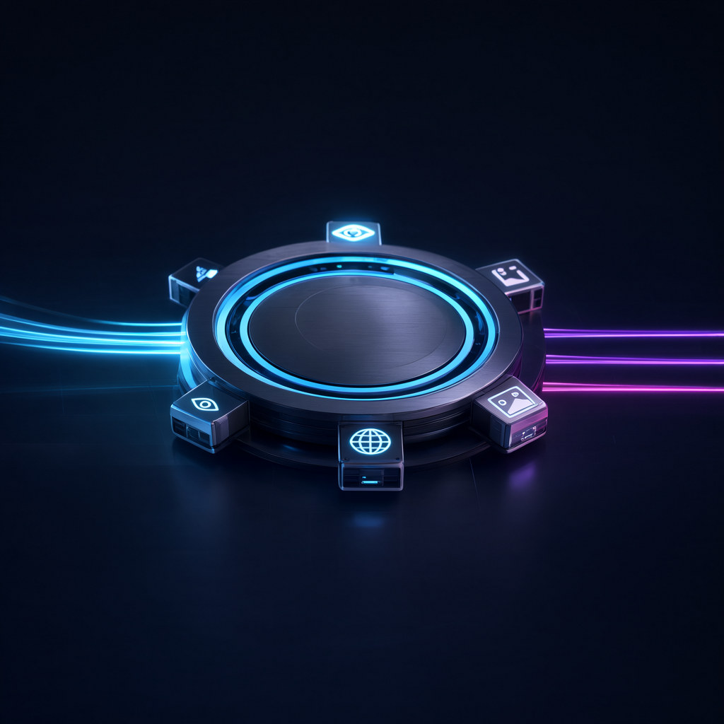 Abstract dock hub whose tool modules route streams of light between lanes