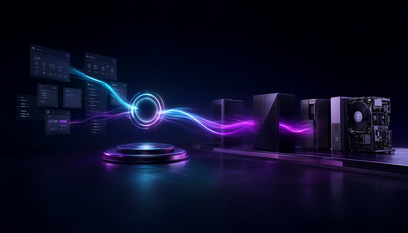 Abstract ModelDock stack: interface windows, a central dock and local AI hardware joined by light