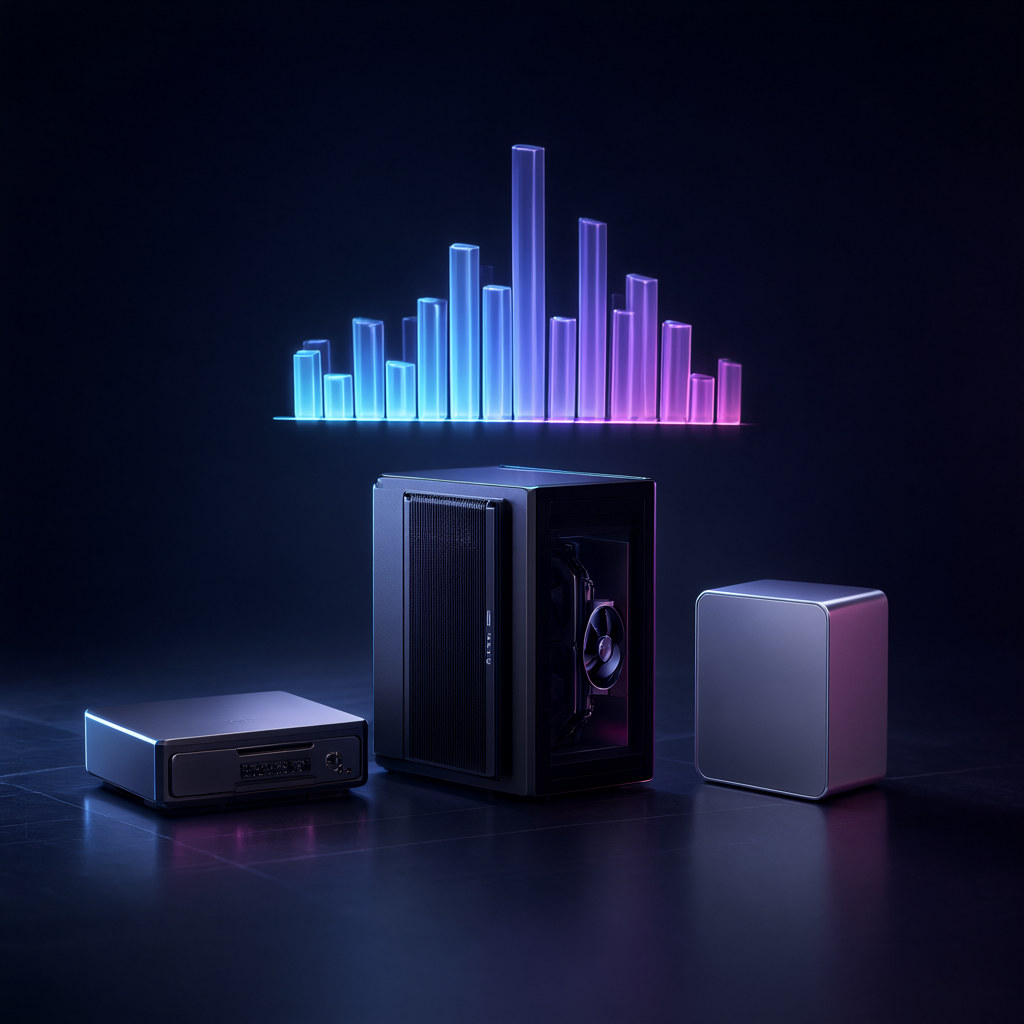 Abstract local AI machines on a lit stage beneath a benchmark chart